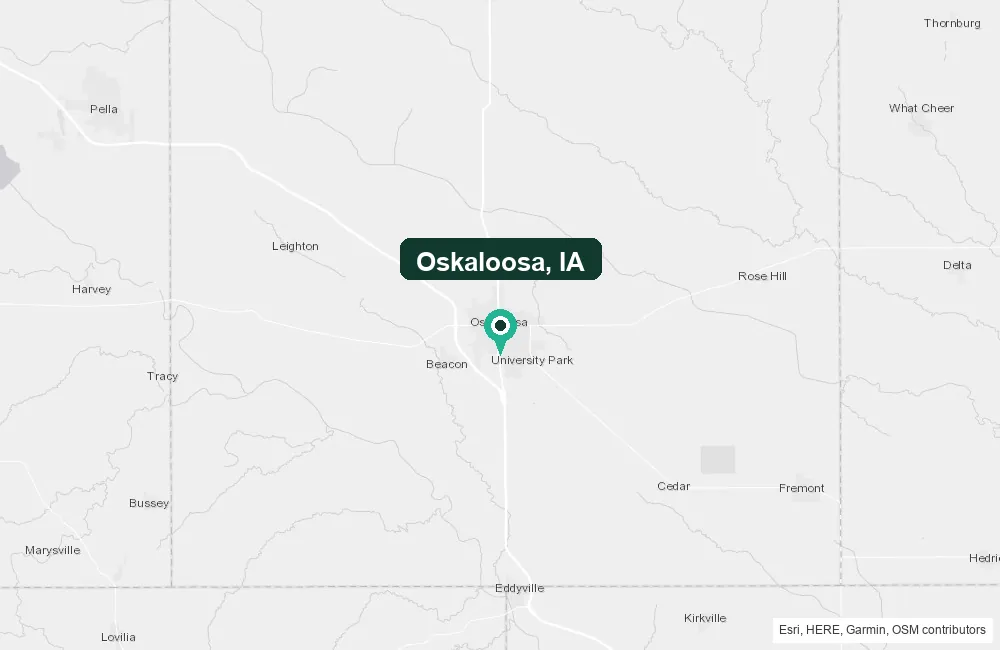 Map of Oskaloosa, Iowa and the surrounding Mahaska County area service area